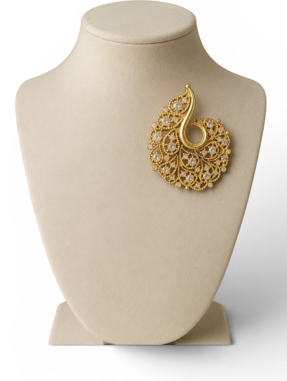 Vintage Gold Tone Rhinestone Paisley Swirl Brooch